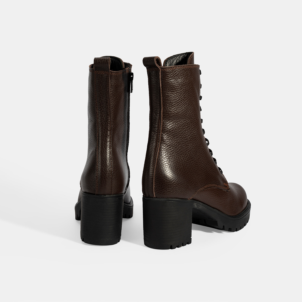 Kadın Kahve Bağcıklı Kalın Topuklu Deri Bot