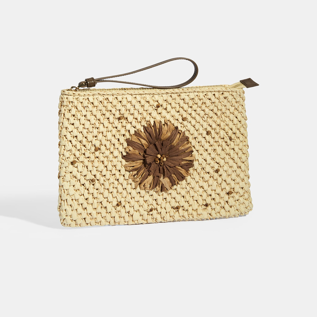 Kadın Kahve Çiçek Detaylı Hasır El Çantası