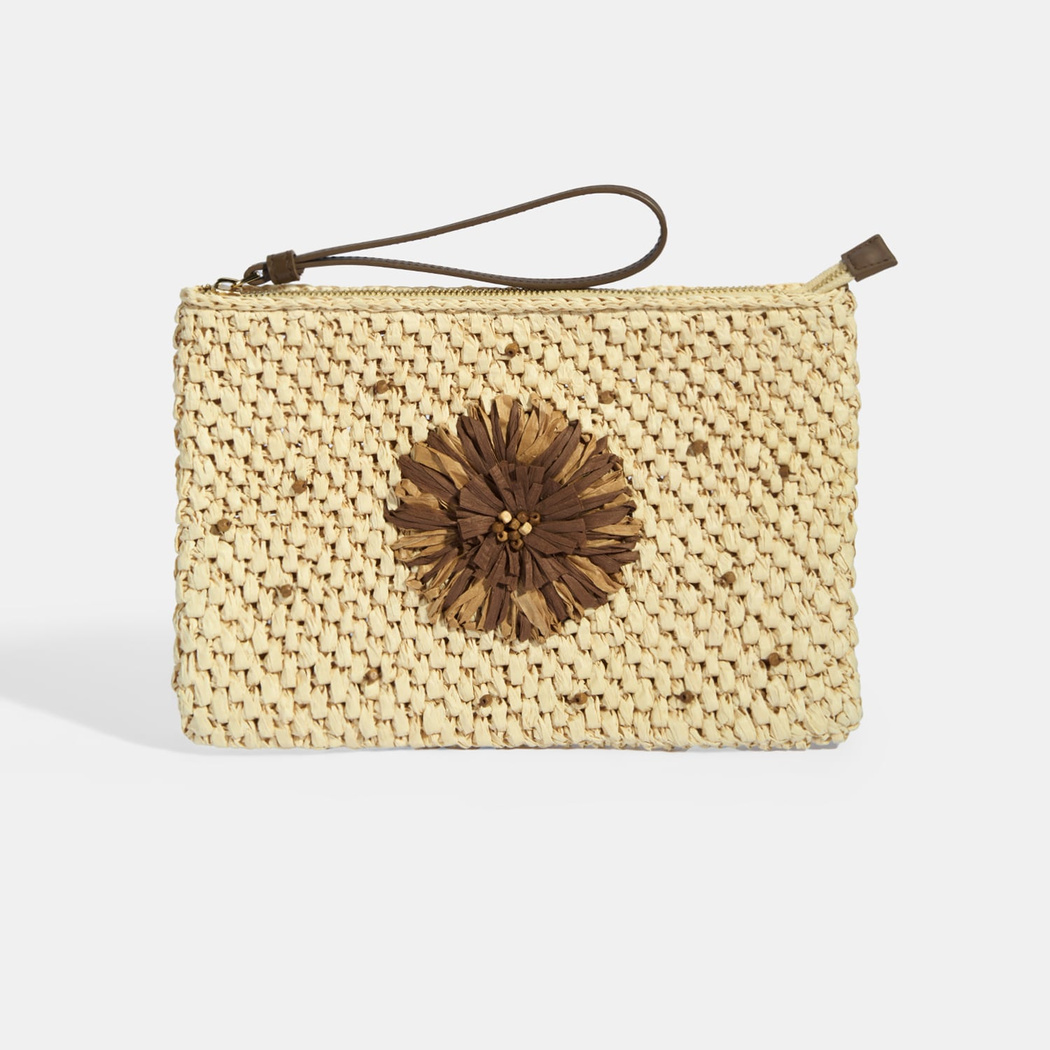 Kadın Kahve Çiçek Detaylı Hasır El Çantası