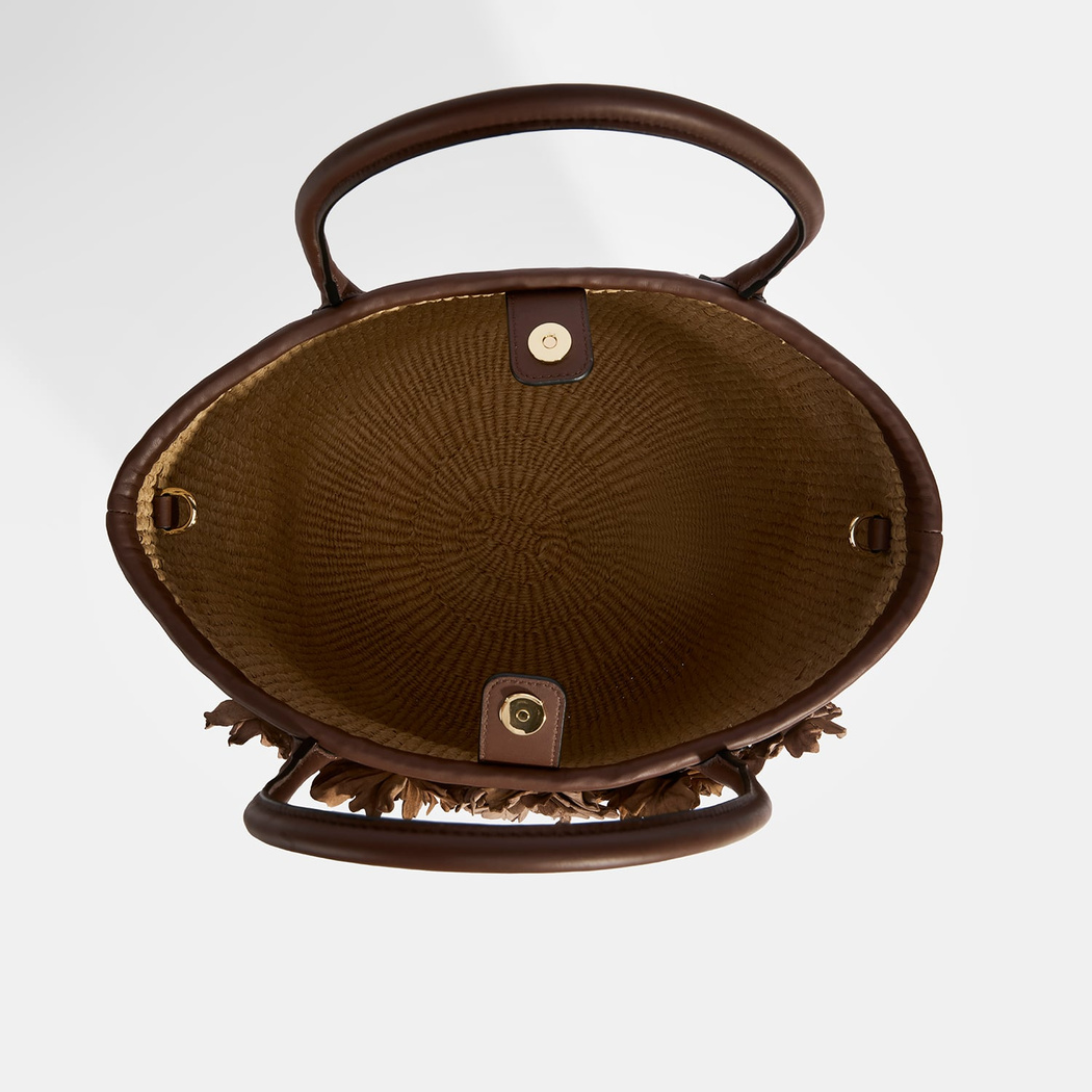 Kadın Kahve Çiçek Detaylı Hasır Omuz Çantası