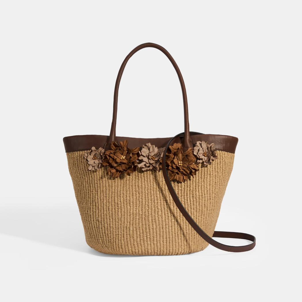 Kadın Kahve Çiçek Detaylı Hasır Omuz Çantası