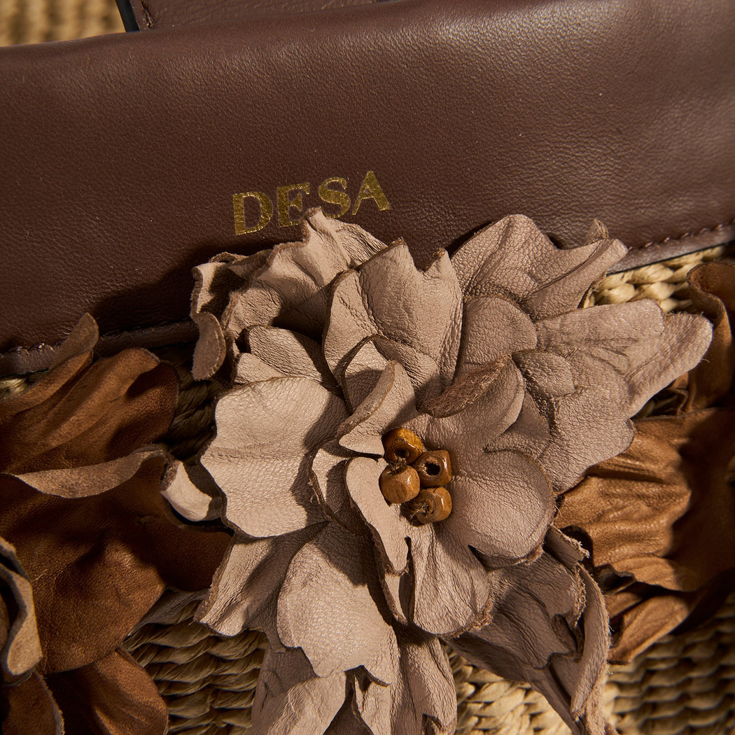 Kadın Kahve Çiçek Detaylı Hasır Omuz Çantası