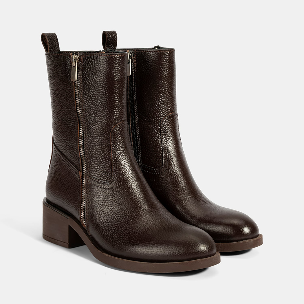 Kadın Kahve Fermuarlı Deri Topuklu Bot