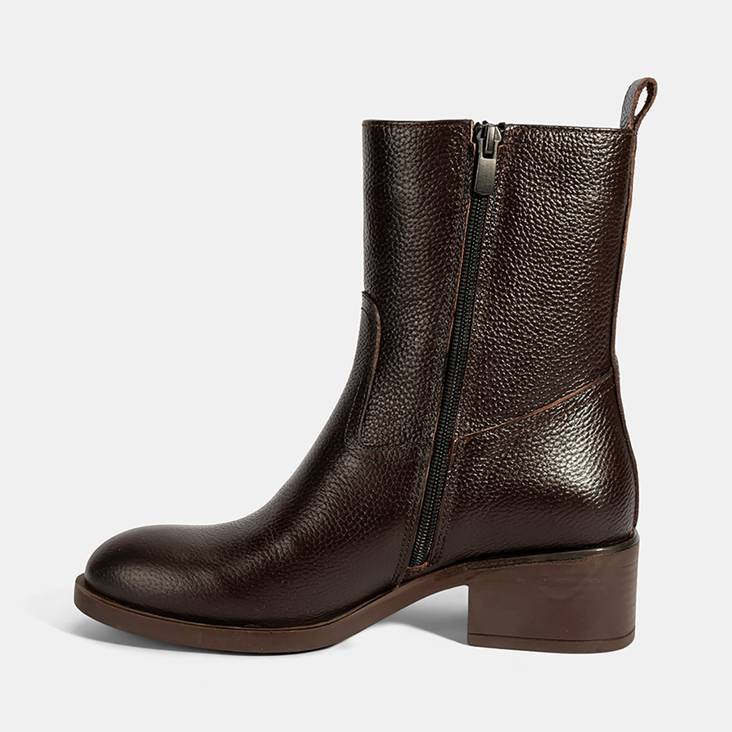 Kadın Kahve Fermuarlı Deri Topuklu Bot