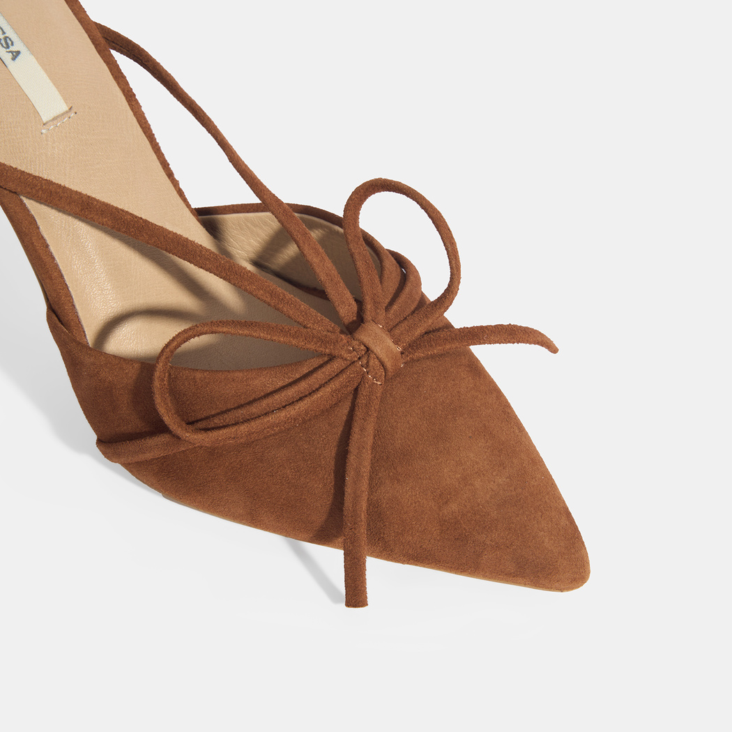 Kadın Kahve Fiyonk Detaylı Süet Topuklu Abiye Ayakkabı