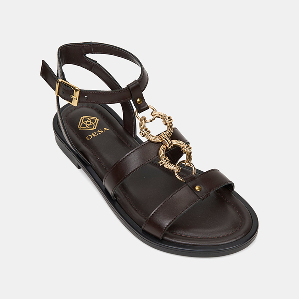Kadın Kahve Gold Aksesuar Detaylı Deri Sandalet