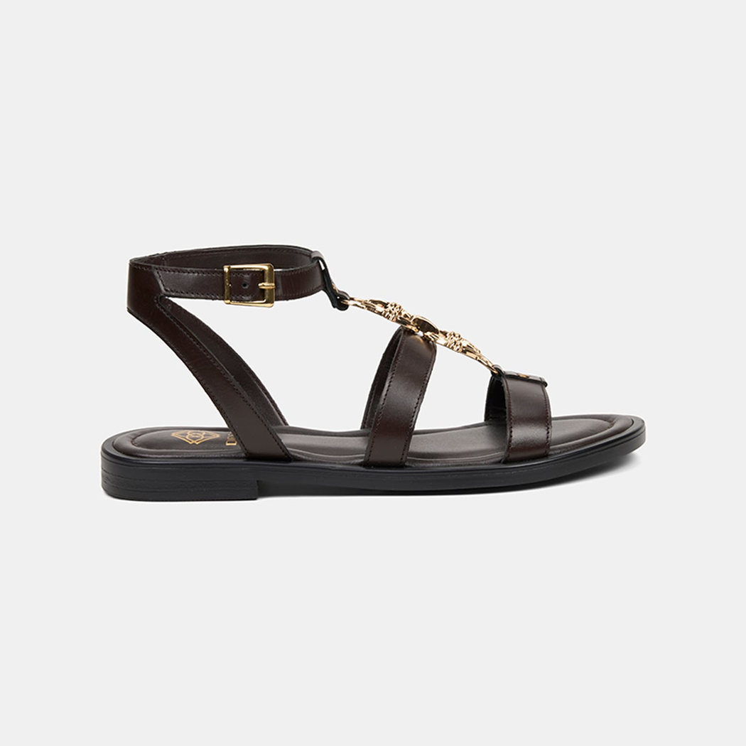 Kadın Kahve Gold Aksesuar Detaylı Deri Sandalet