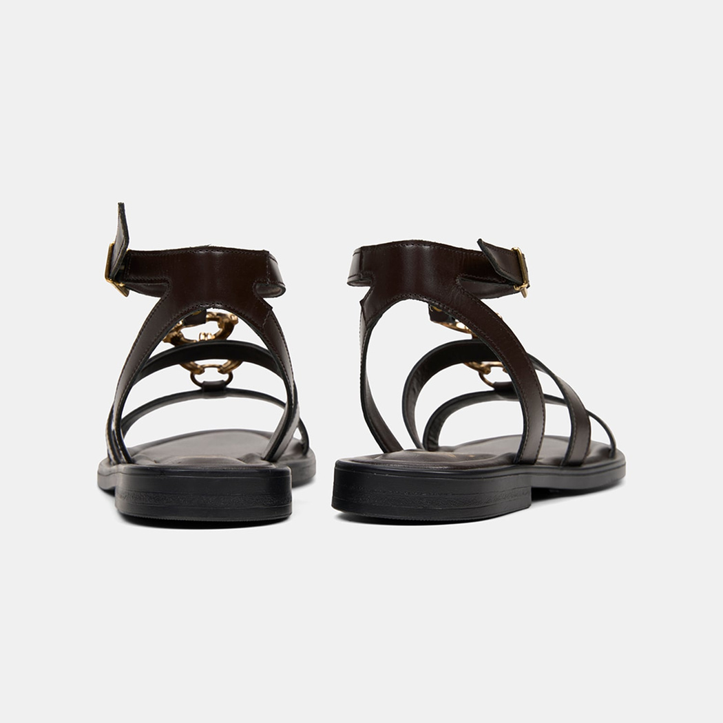 Kadın Kahve Gold Aksesuar Detaylı Deri Sandalet