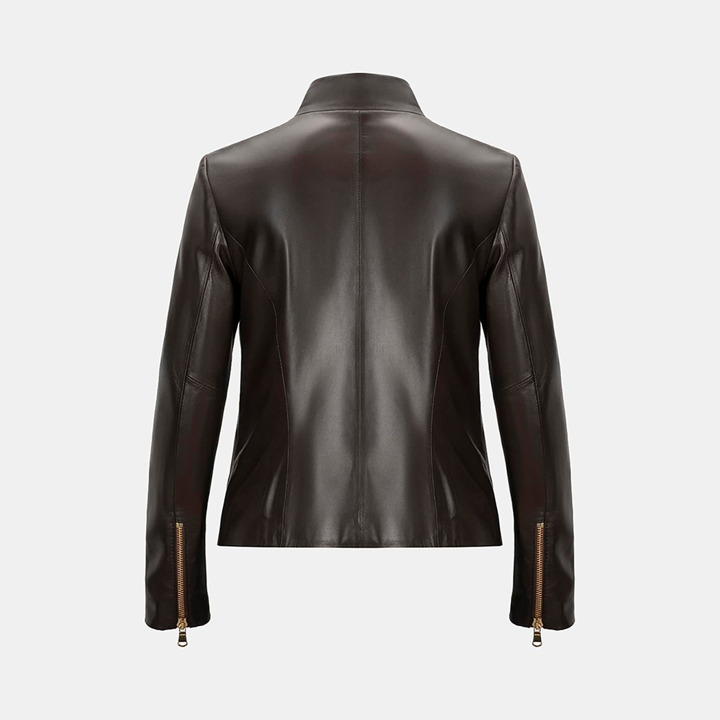 Kadın Kahve Hakim Yakalı Fit Deri Ceket