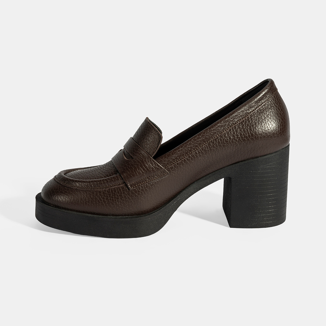 Kadın Kahve Kalın Topuklu Deri Loafer
