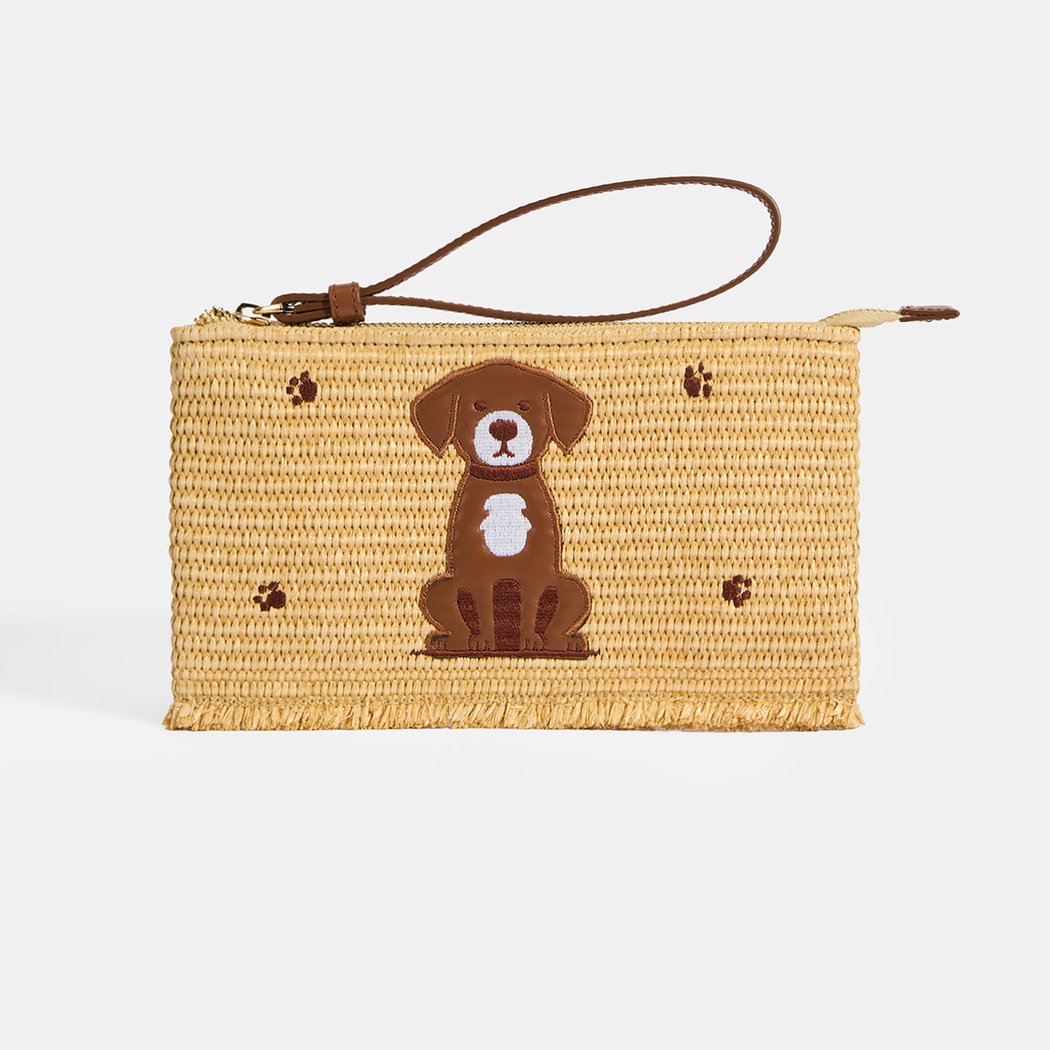 Kadın Kahve Köpek Nakışlı Hasır Clutch