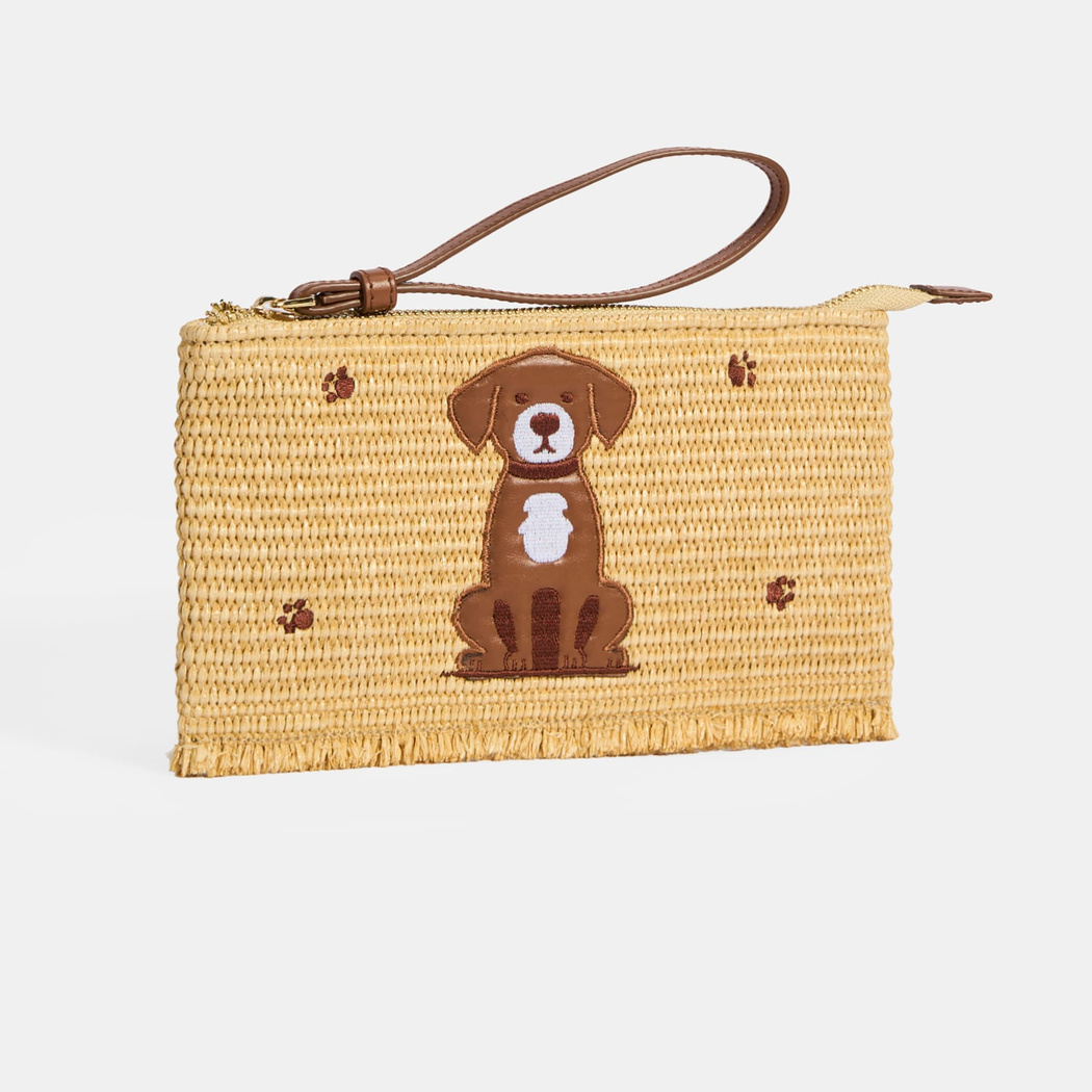 Kadın Kahve Köpek Nakışlı Hasır Clutch