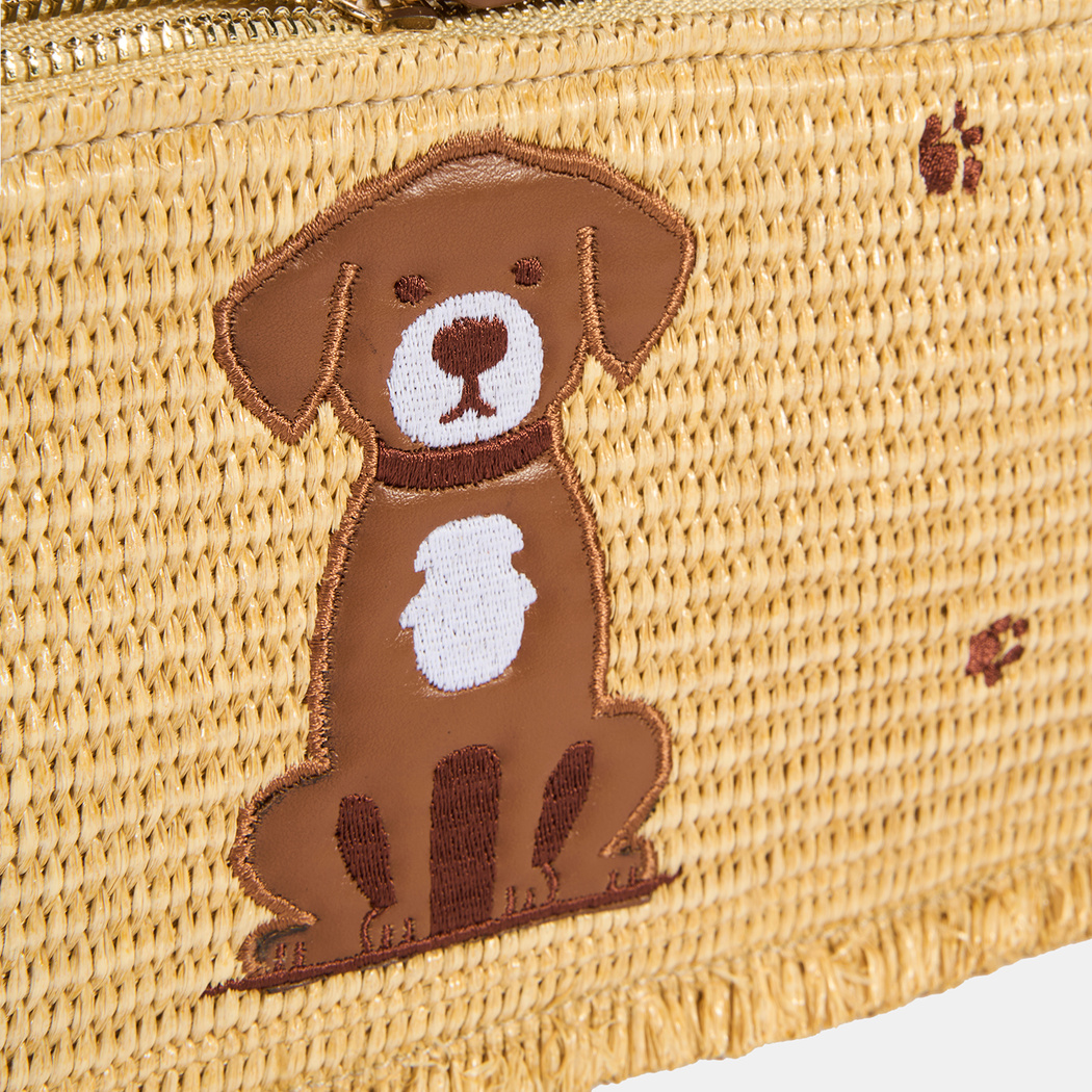 Kadın Kahve Köpek Nakışlı Hasır Clutch