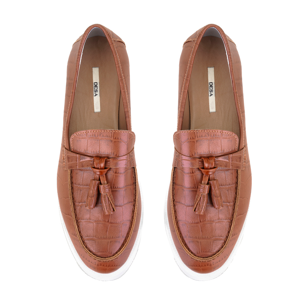 Kadın Kahve Kroko Baskılı Deri Loafer
