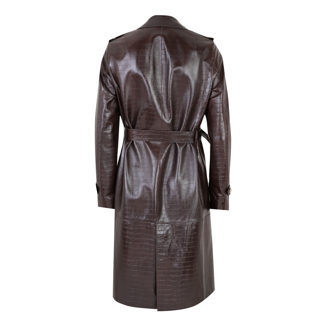 Kadın Kahve Kroko Baskılı Deri Trençkot
