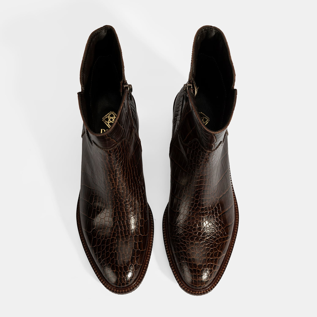 Kadın Kahve Kroko Baskılı Fermuarlı Deri Topuklu Bot