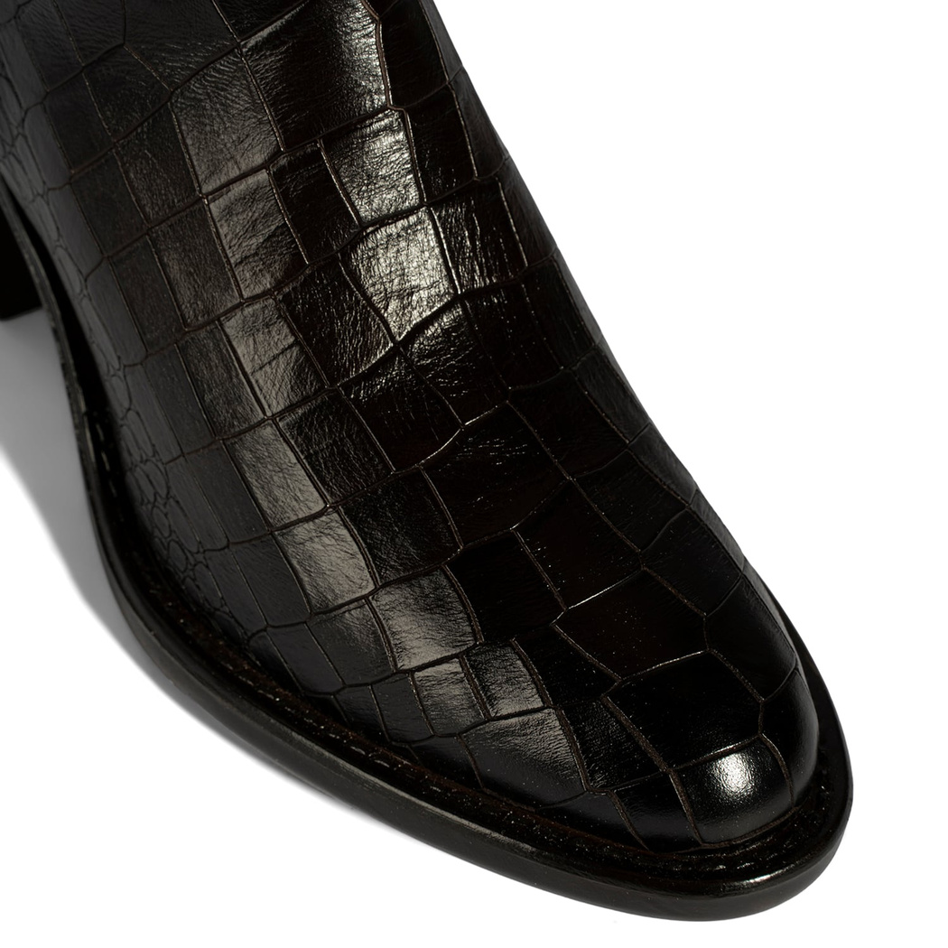 Kadın Kahve Kroko Baskılı Kalın Topuklu Deri Çizme