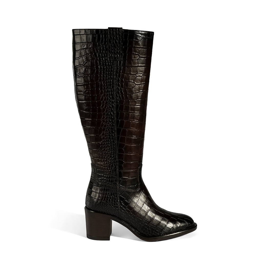 Kadın Kahve Kroko Baskılı Kalın Topuklu Deri Çizme