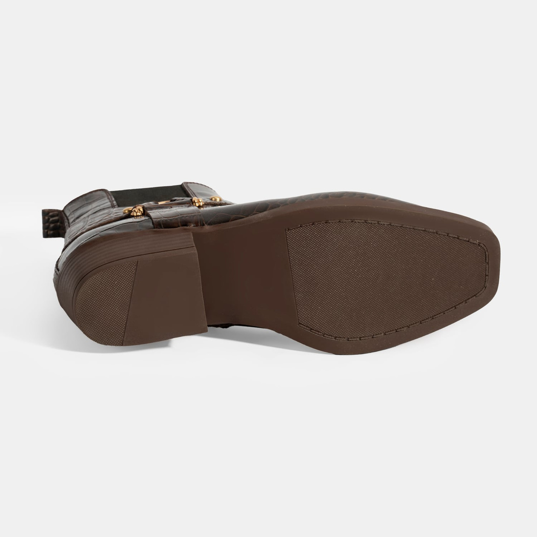 Kadın Kahve Kroko Baskılı Lastik Detaylı Deri Bot