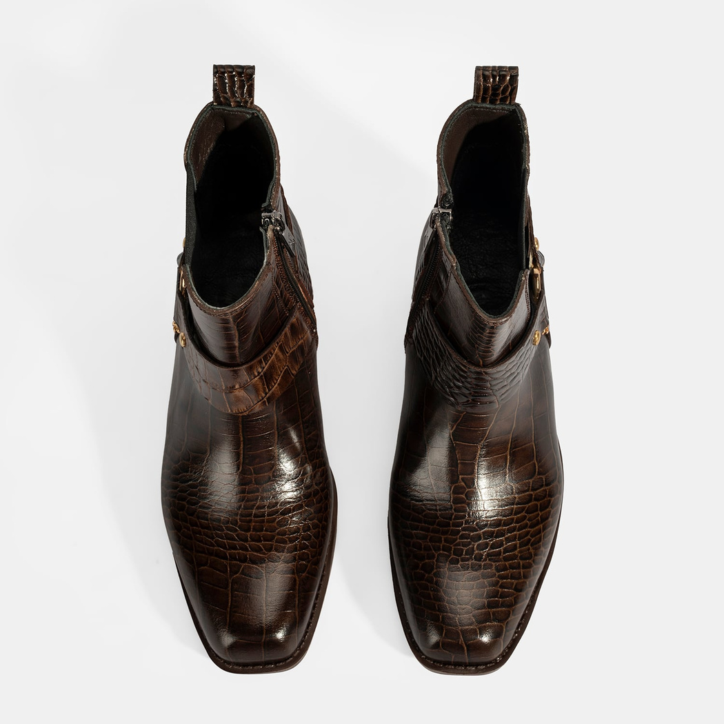 Kadın Kahve Kroko Baskılı Lastik Detaylı Deri Bot