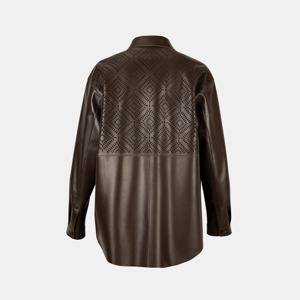 Kadın Kahve Lazer Kesimli Geometrik Desenli Deri Gömlek