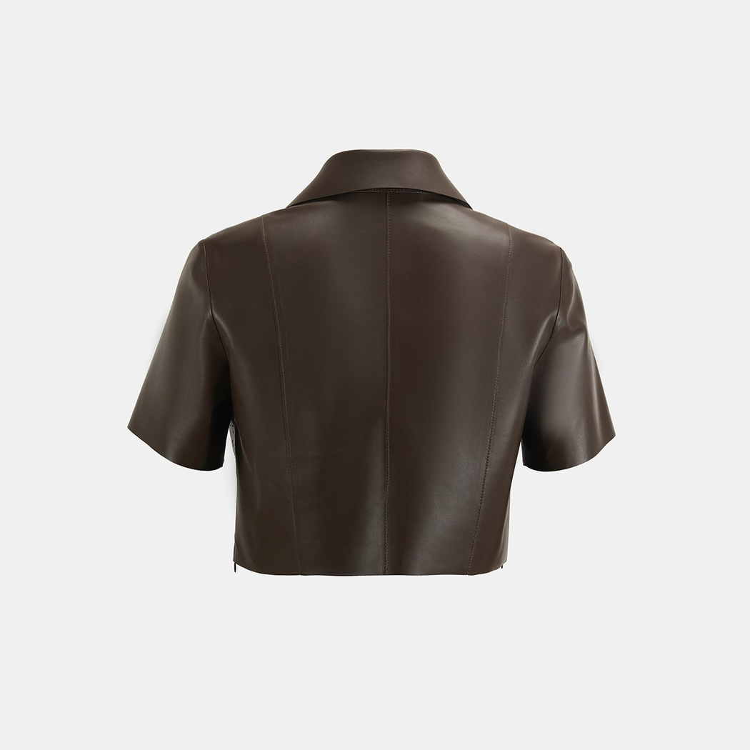 Kadın Kahve Lazer Kesimli Kısa Perforeli Deri Gömlek