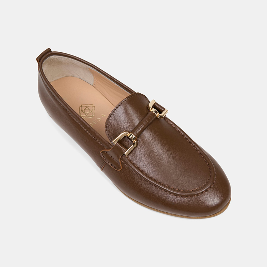 Kadın Kahve Metal Gold Toka Aksesuarlı Deri Loafer