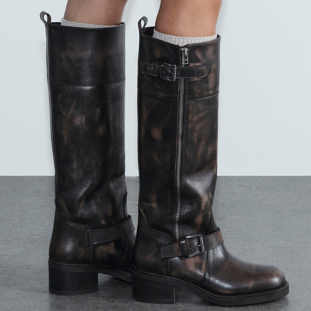 Kadın Kahve Metal Toka Detaylı Deri Çizme