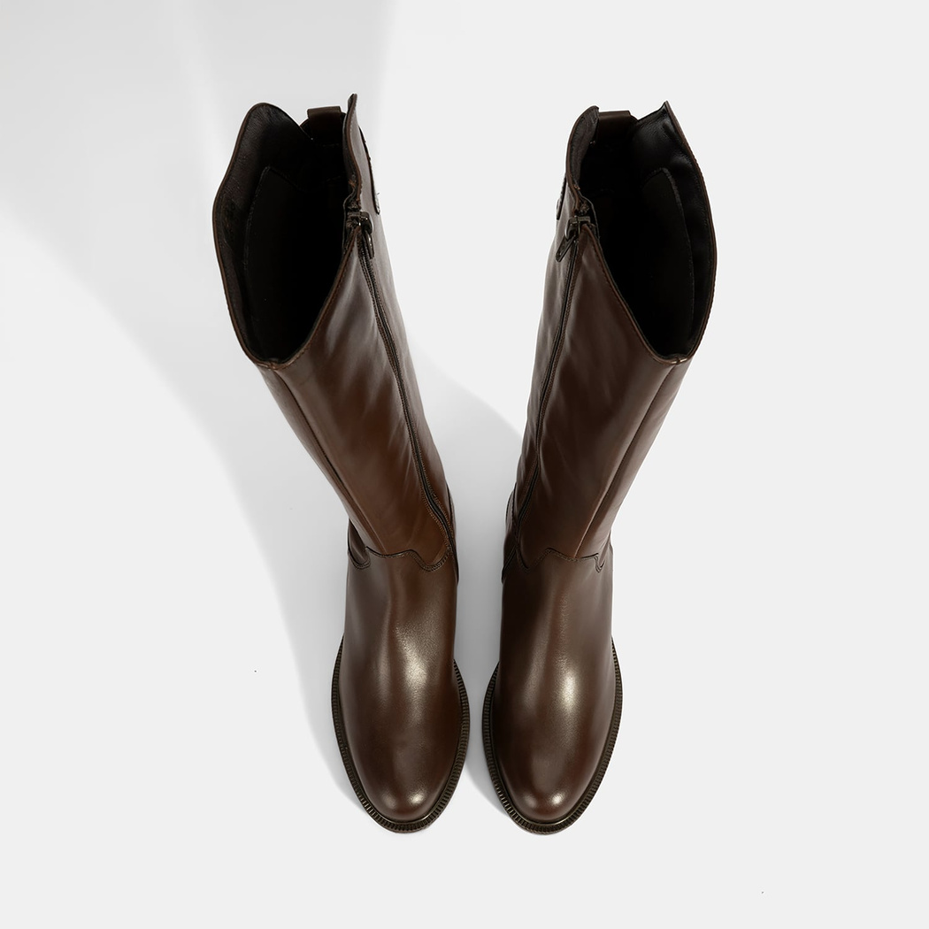 Kadın Kahve Metal Toka Detaylı Deri Çizme