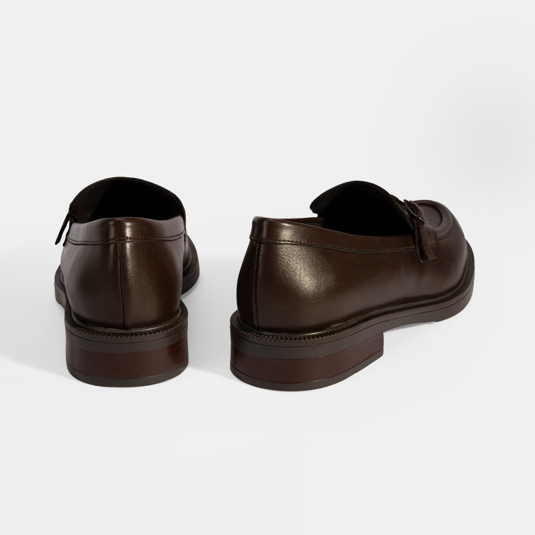 Kadın Kahve Metal Toka Detaylı Deri Loafer