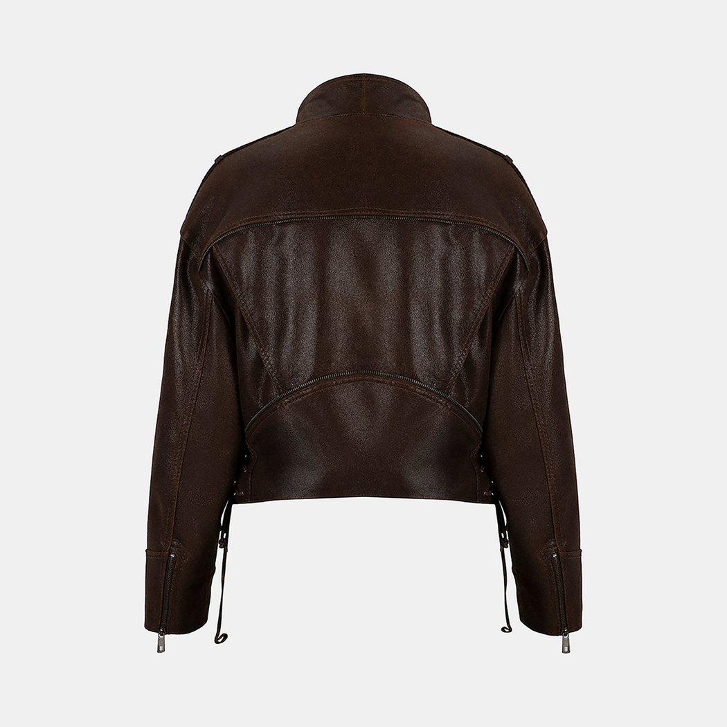 Kadın Kahve Oversize Kemerli Biker Deri Ceket