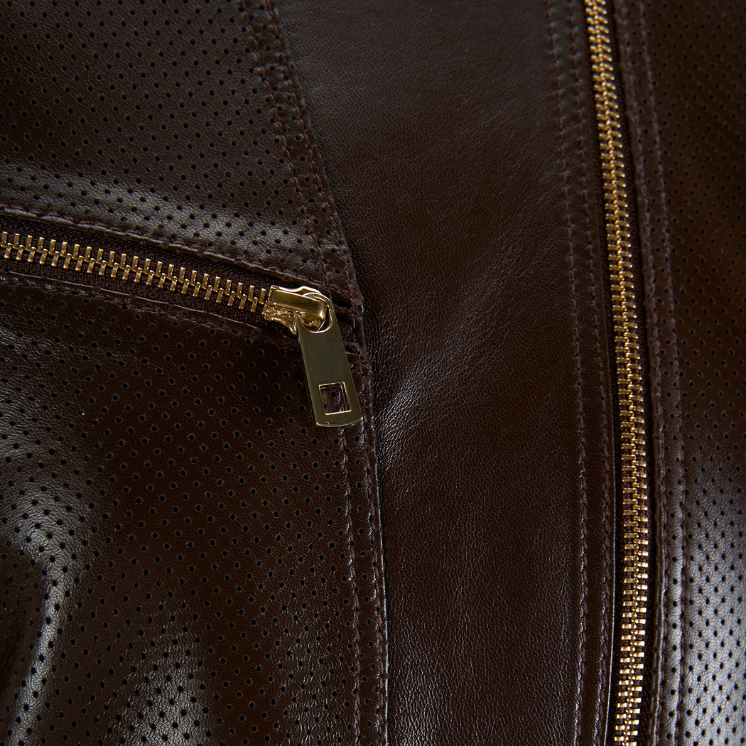 Kadın Kahve Perfore Detaylı Deri Ceket