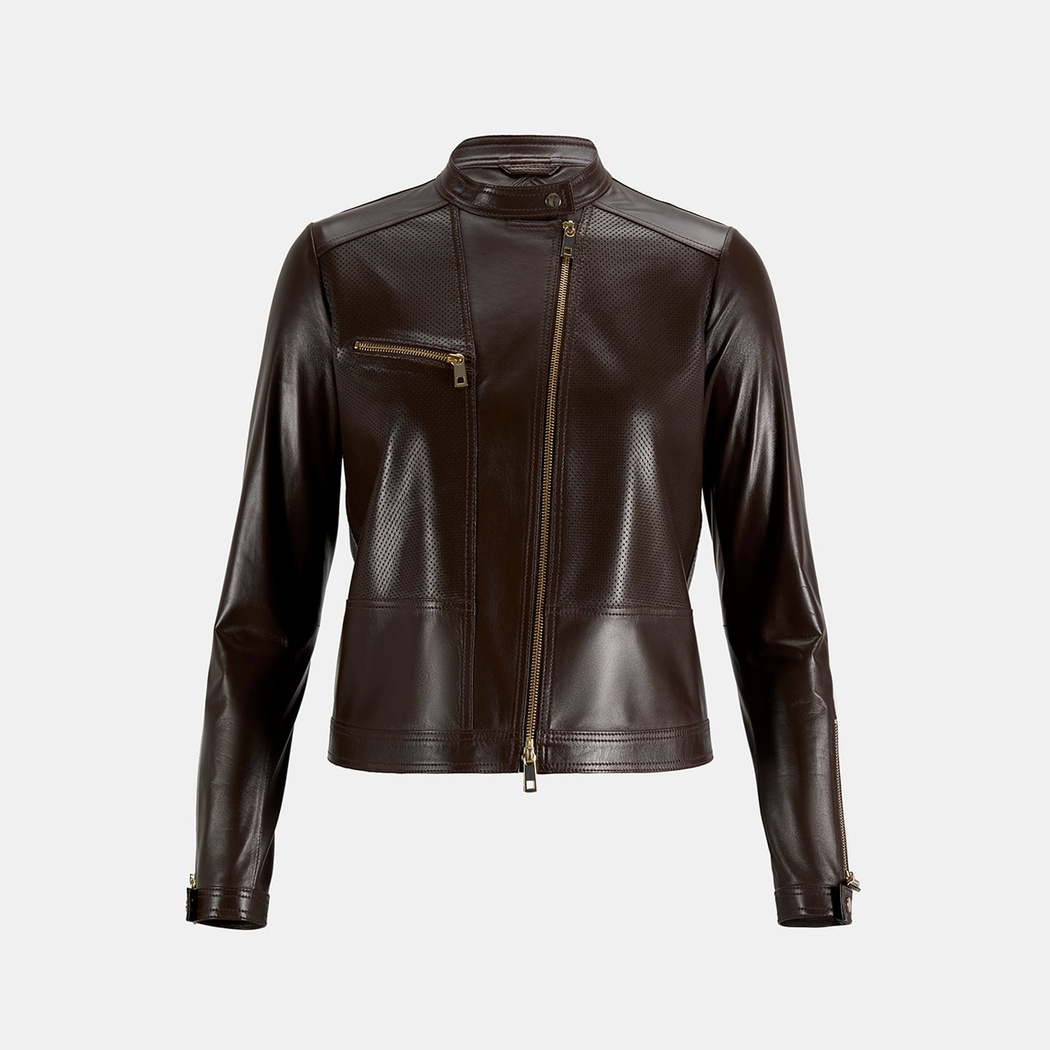 Kadın Kahve Perfore Detaylı Deri Ceket