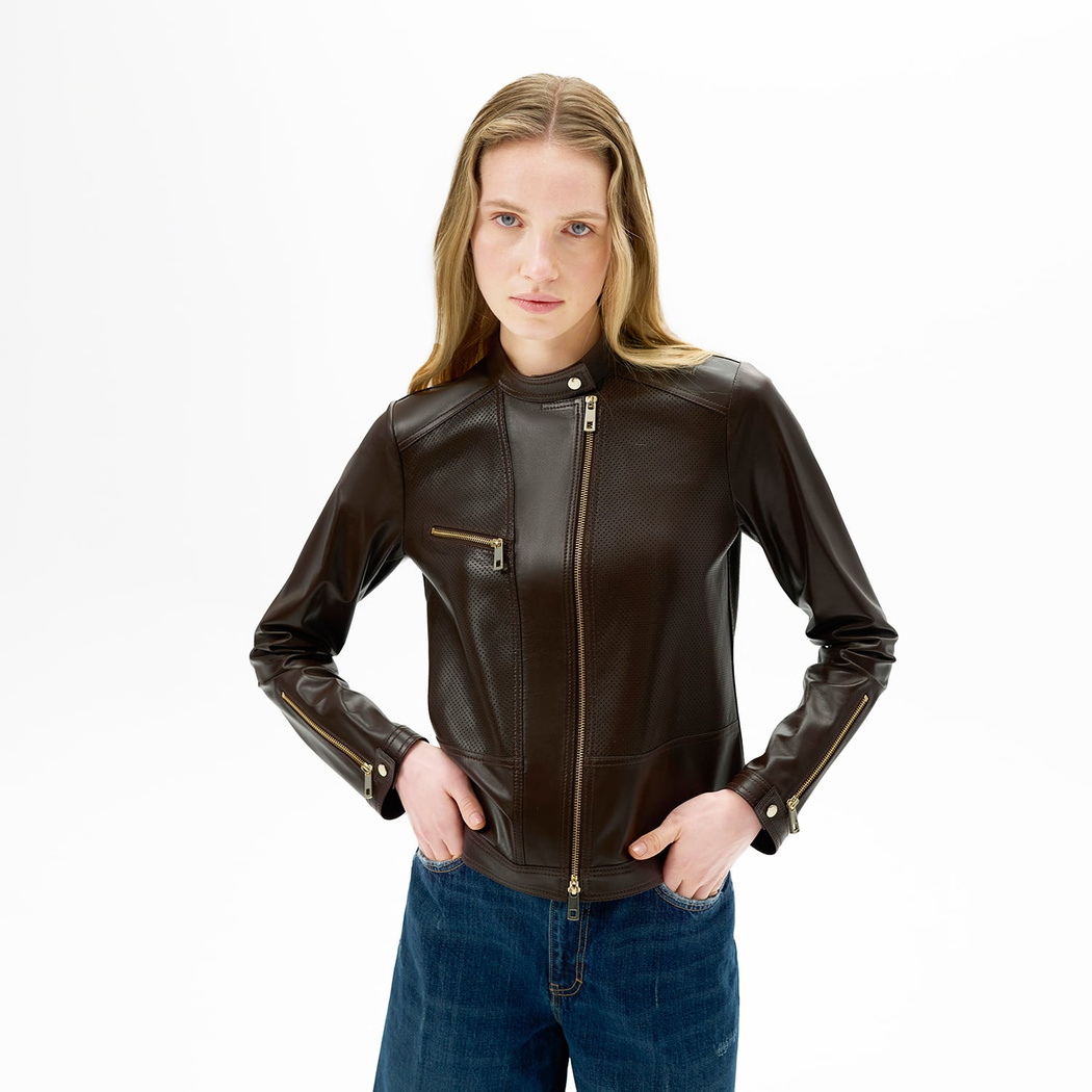 Kadın Kahve Perfore Detaylı Deri Ceket