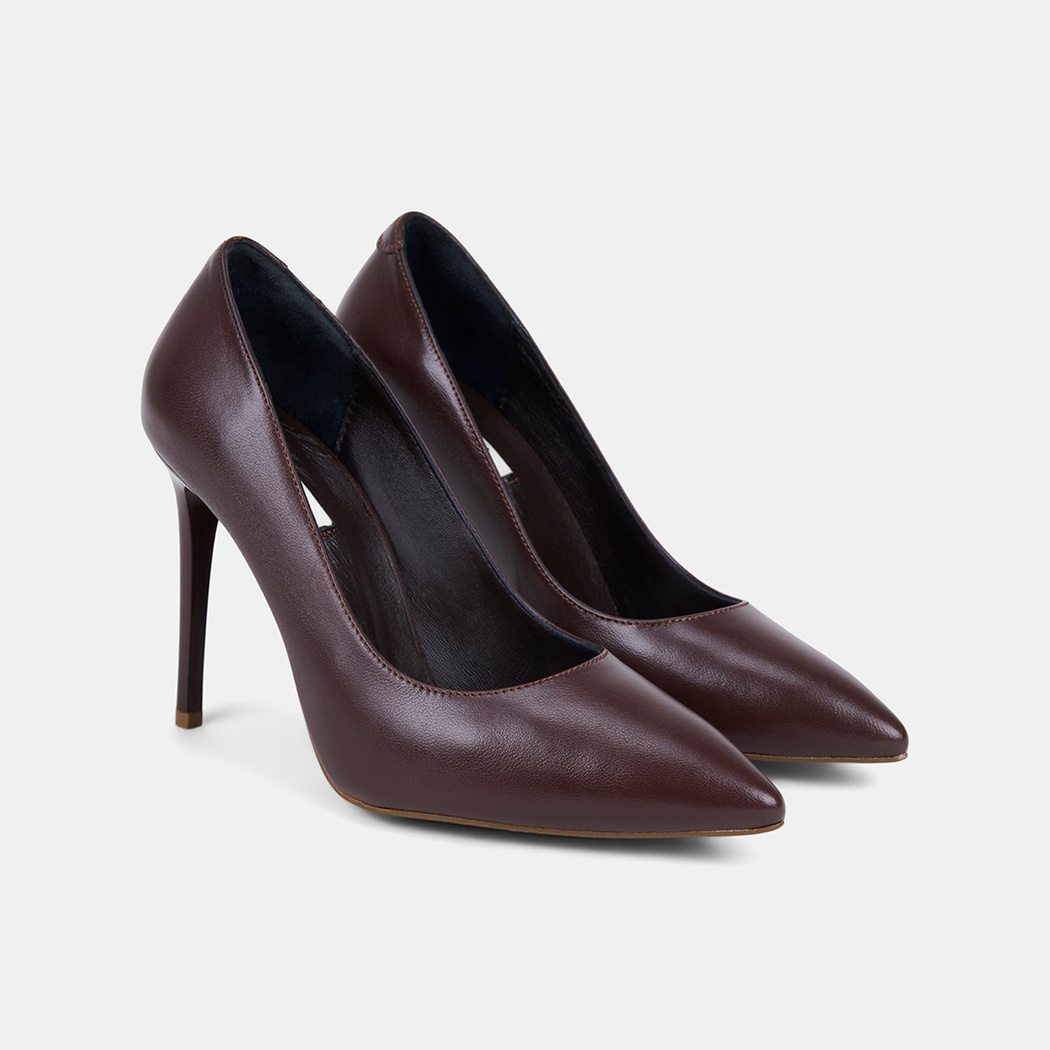 Kadın Kahve Sivri Burunlu Klasik Deri Stiletto