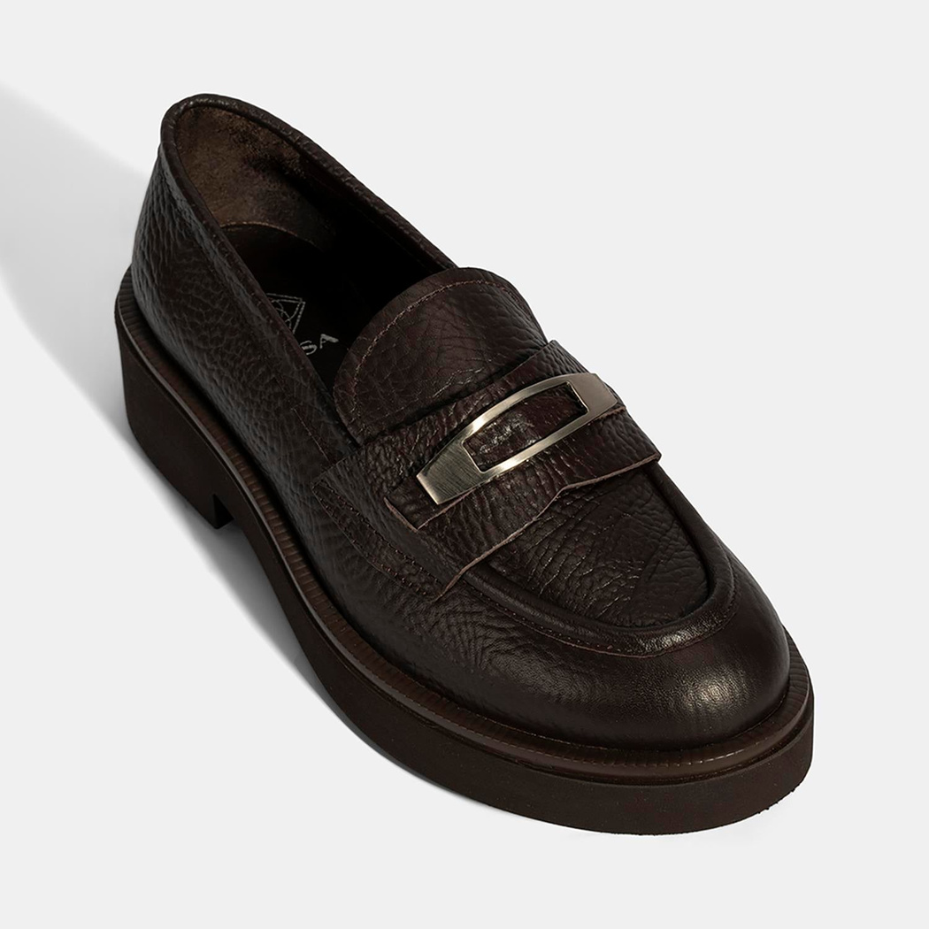 Kadın Kahve Toka Aksesuarlı Kalın Tabanlı Deri Loafer