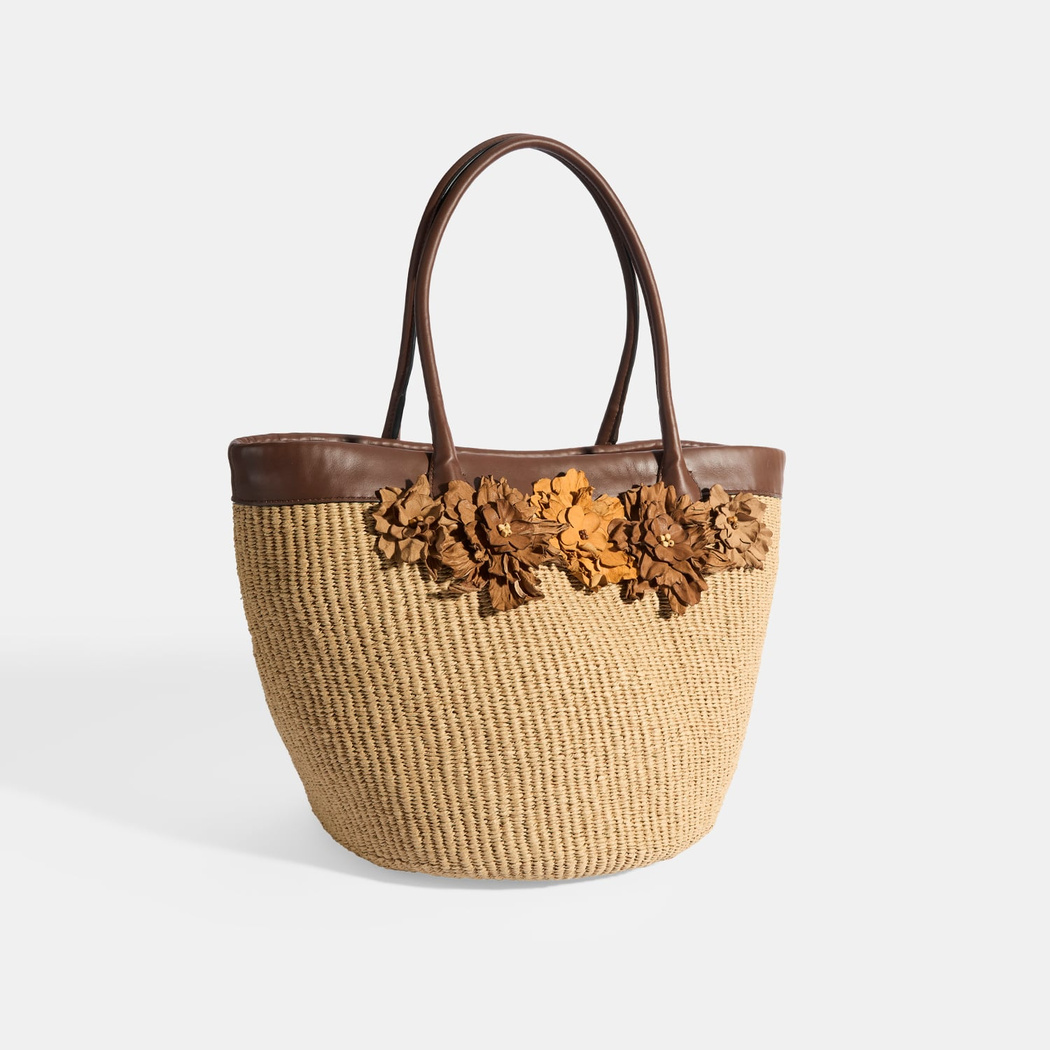 Kadın Kahve Turuncu Çiçek Detaylı Hasır Omuz Çantası