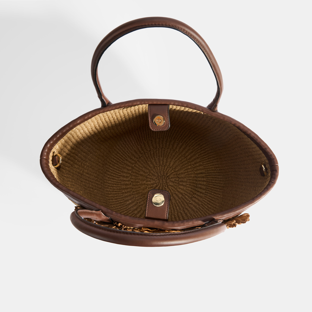 Kadın Kahve Turuncu Çiçek Detaylı Hasır Omuz Çantası