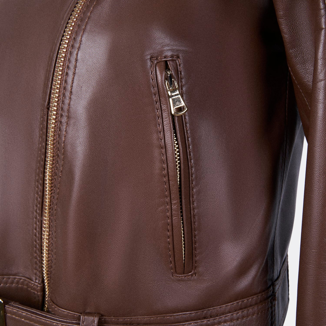 Kadın Kahve Yakalı Deri Biker Ceket