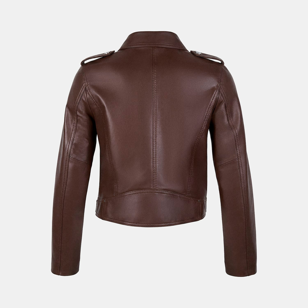 Kadın Kahve Yakalı Deri Biker Ceket
