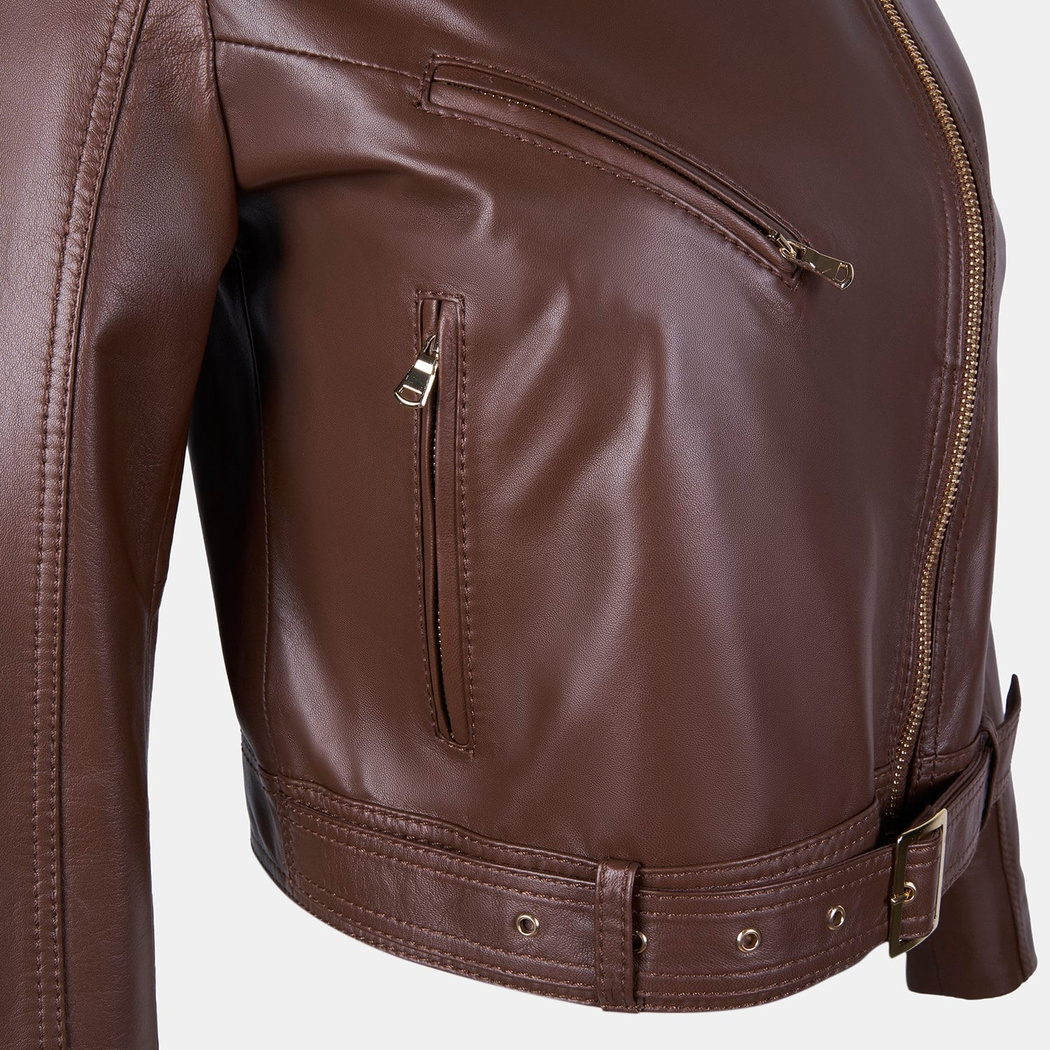 Kadın Kahve Yakalı Deri Biker Ceket