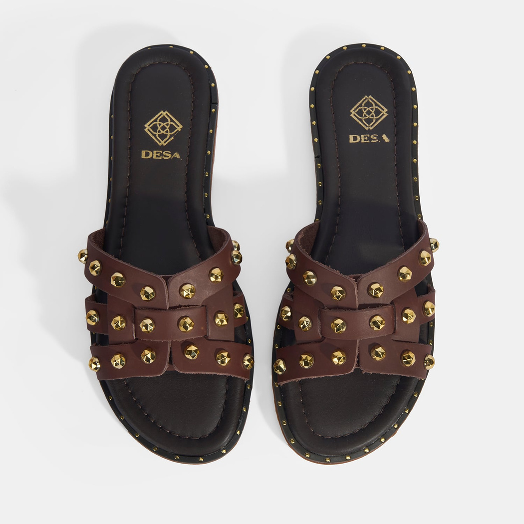 Kadın Kahve Zımba Detaylı Deri Terlik