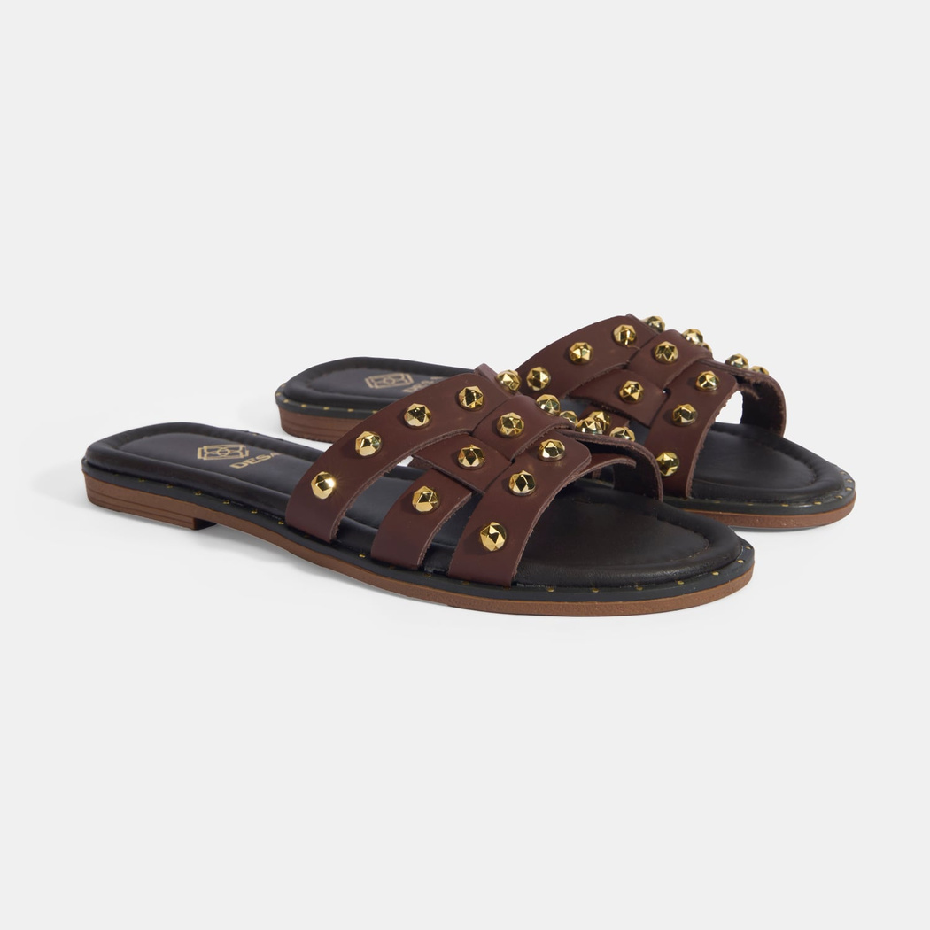 Kadın Kahve Zımba Detaylı Deri Terlik