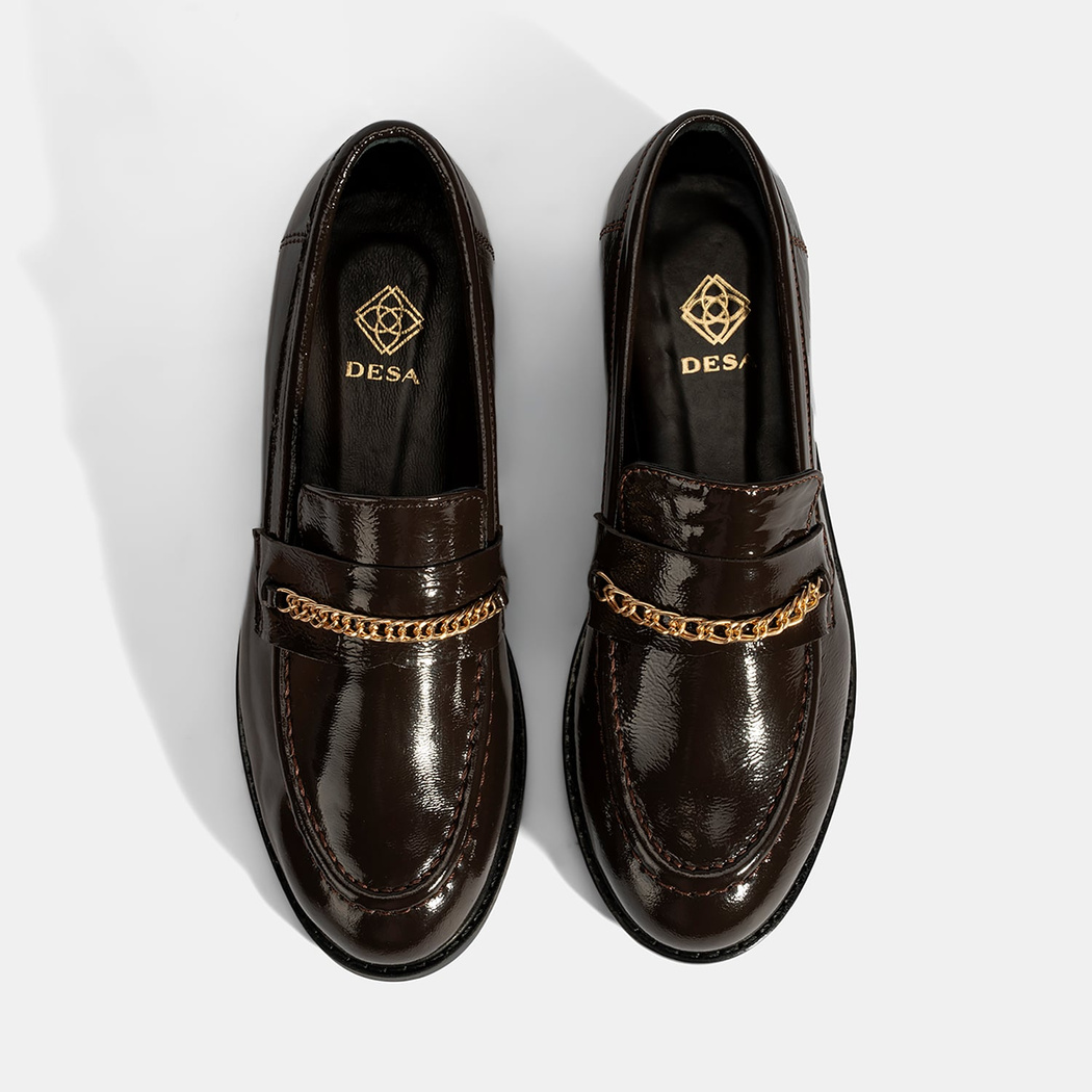 Kadın Kahve Zincir Aksesuarlı Deri Loafer