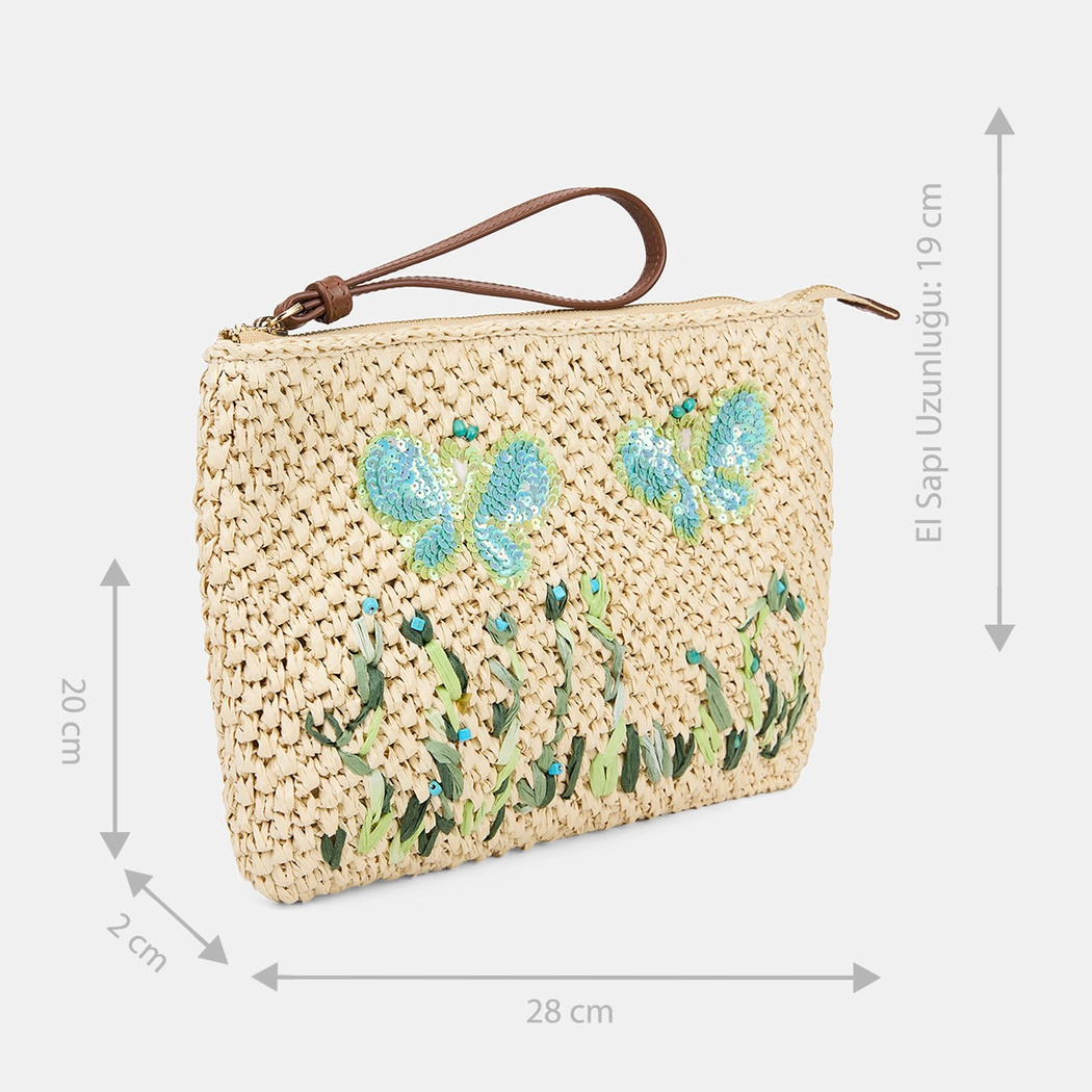 Kadın Kelebek Detaylı Hasır Clutch Çanta