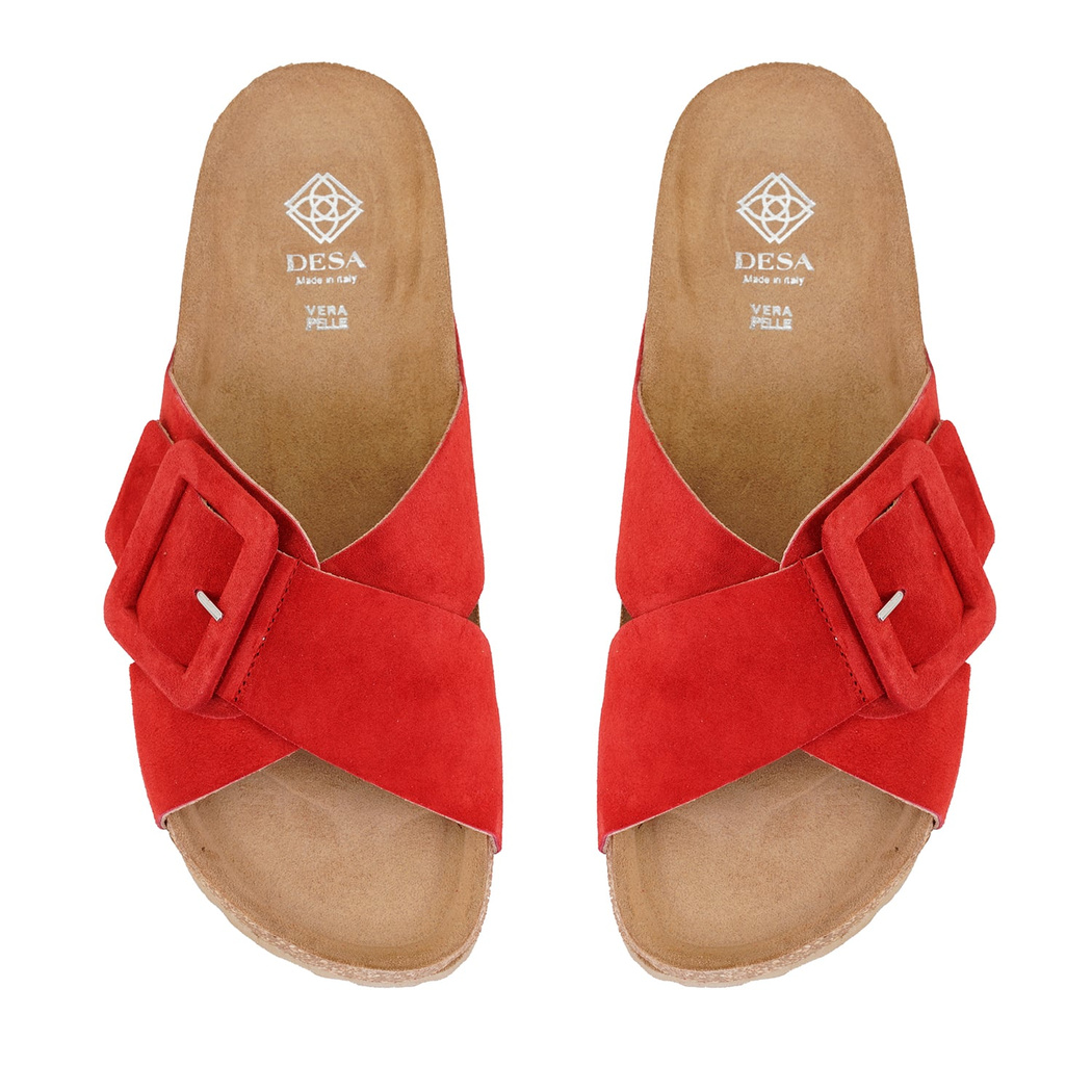 Kadın Kırmızı Ayarlanabilir Tokalı Süet Deri Terlik