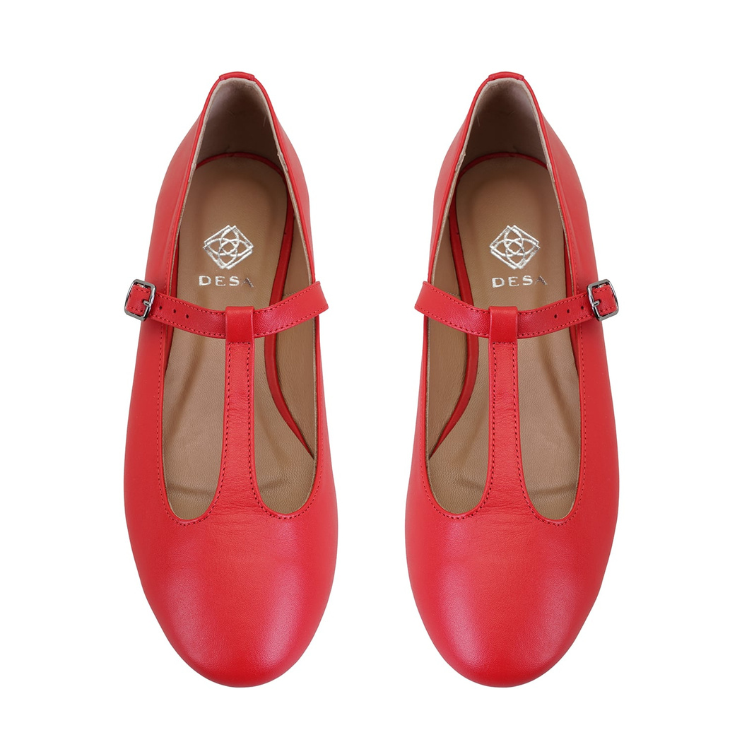 Kadın Kırmızı T-Bant Mary Jane Deri Babet