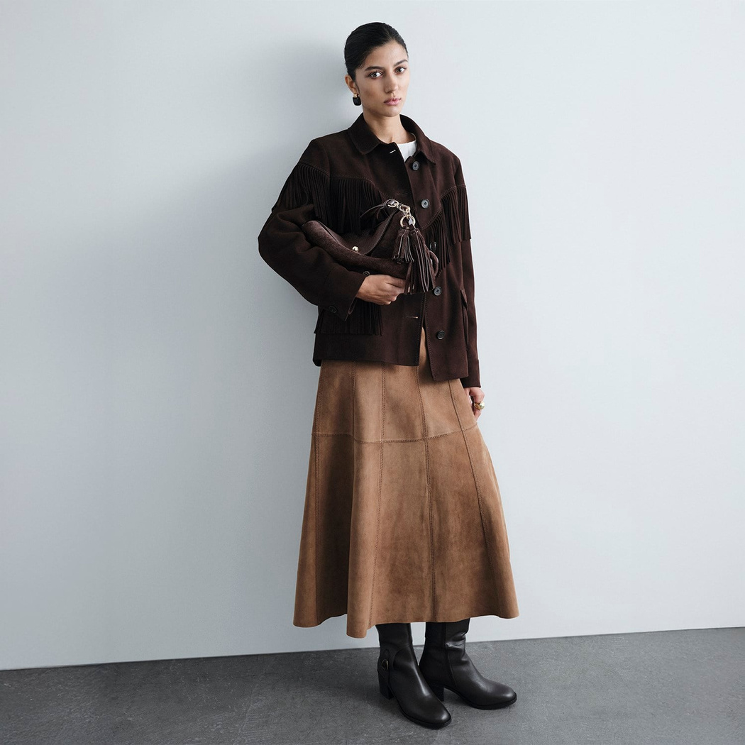 Kadın Koyu Kahve Gömlek Yakalı Püskül Detaylı Süet Ceket