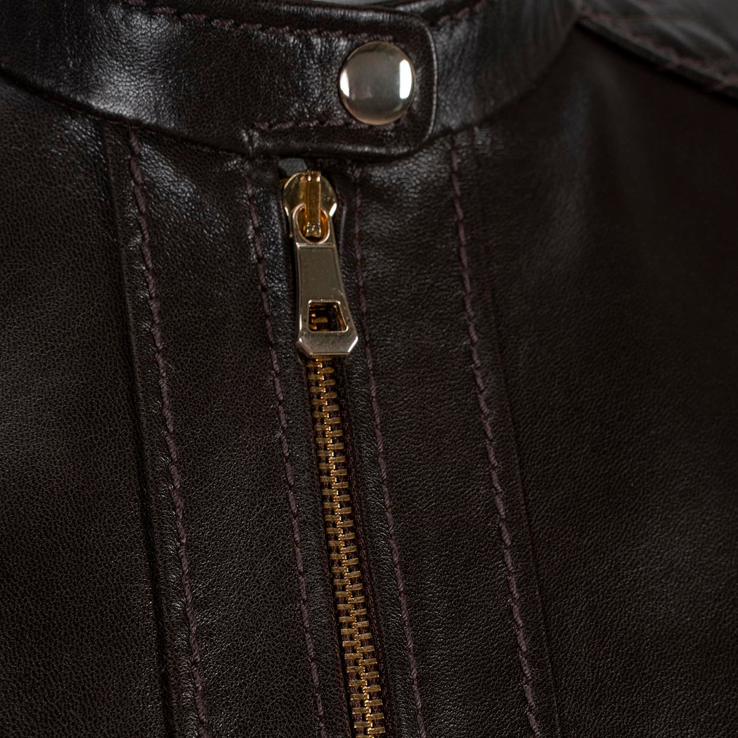 Kadın Koyu Kahve Hakim Yakalı Fit Deri Ceket