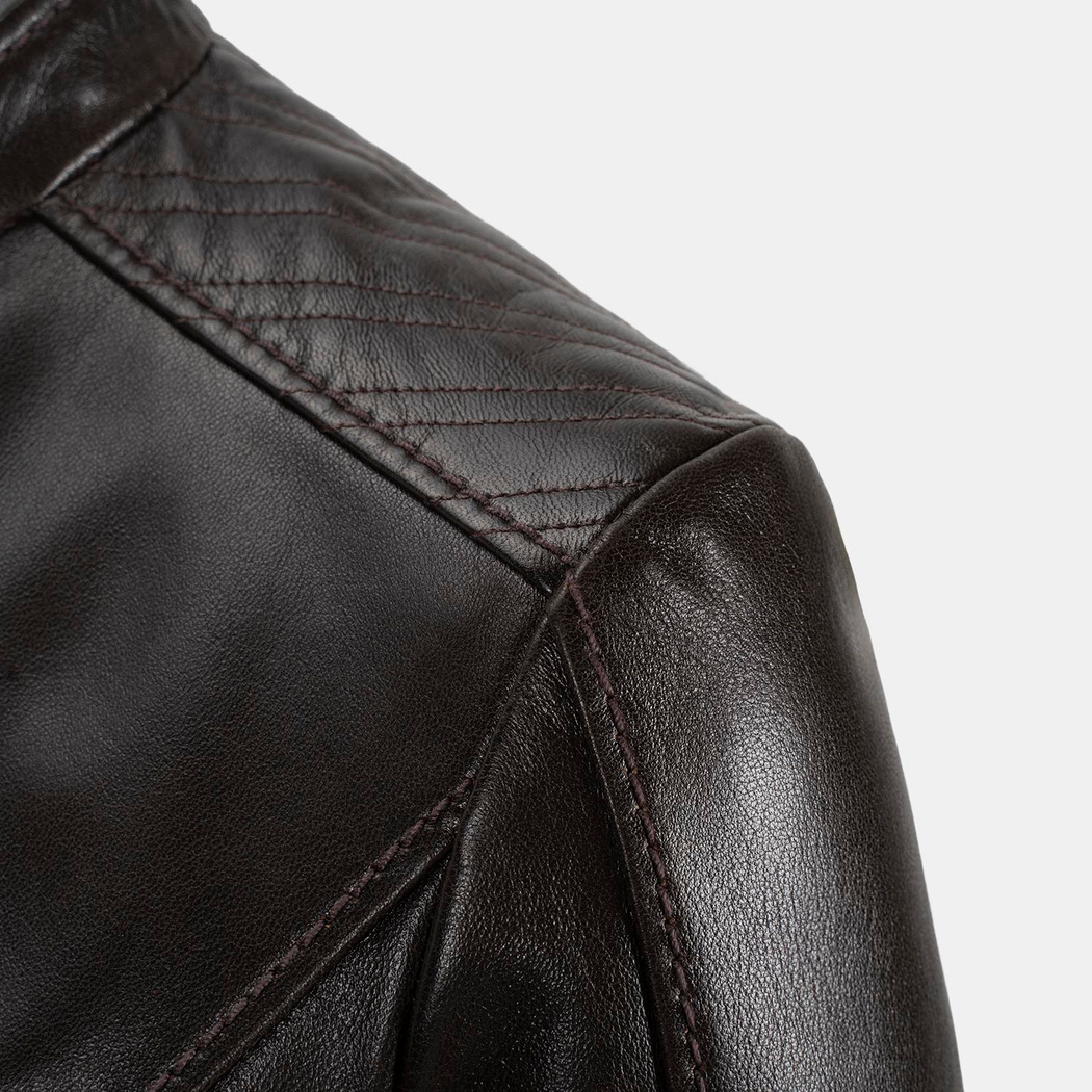 Kadın Koyu Kahve Hakim Yakalı Fit Deri Ceket